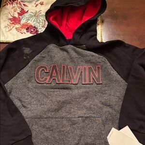 Calvin Klein Men's Black and Gray Hoodie with Red Accents
